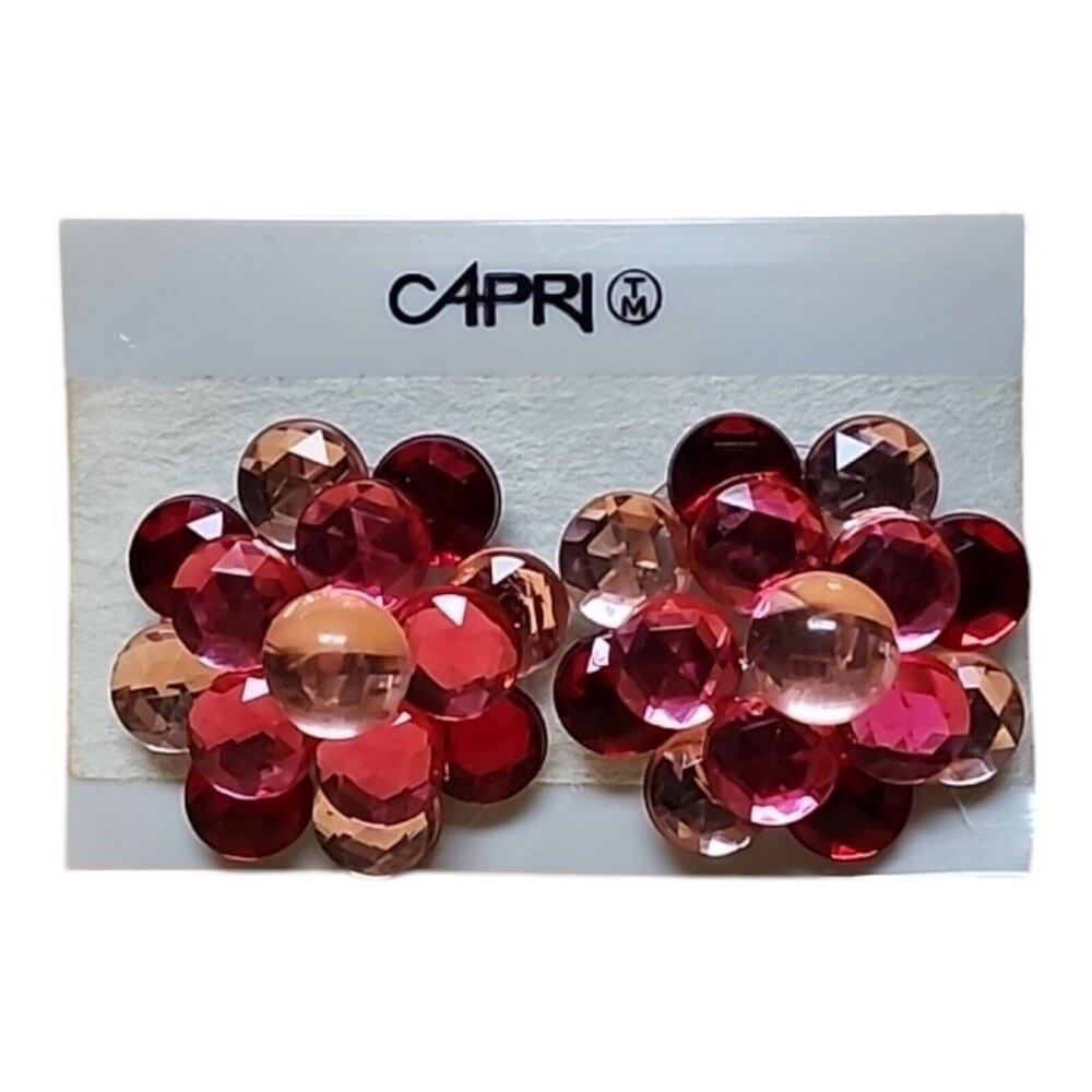 Vintage Signed Capri Pink Flower Earrings, Faux Gems, Studded Pierce Silver Tone